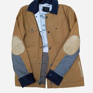 PAIGE Brown Tan Chore Coat Field Jacket with Navy Collar & Elbow Patches